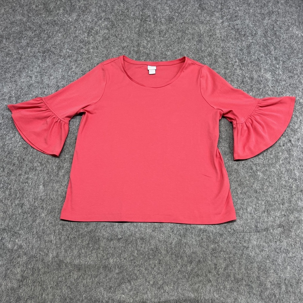 Chicos Shirt Womens L Pink Ruffle Bell Sleeve 3/4 Cotton Tee Top Casual Knit